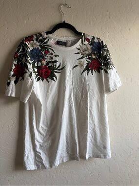 Zara White Crew T-Shirt with Red, Blue & Green Floral Shoulders
